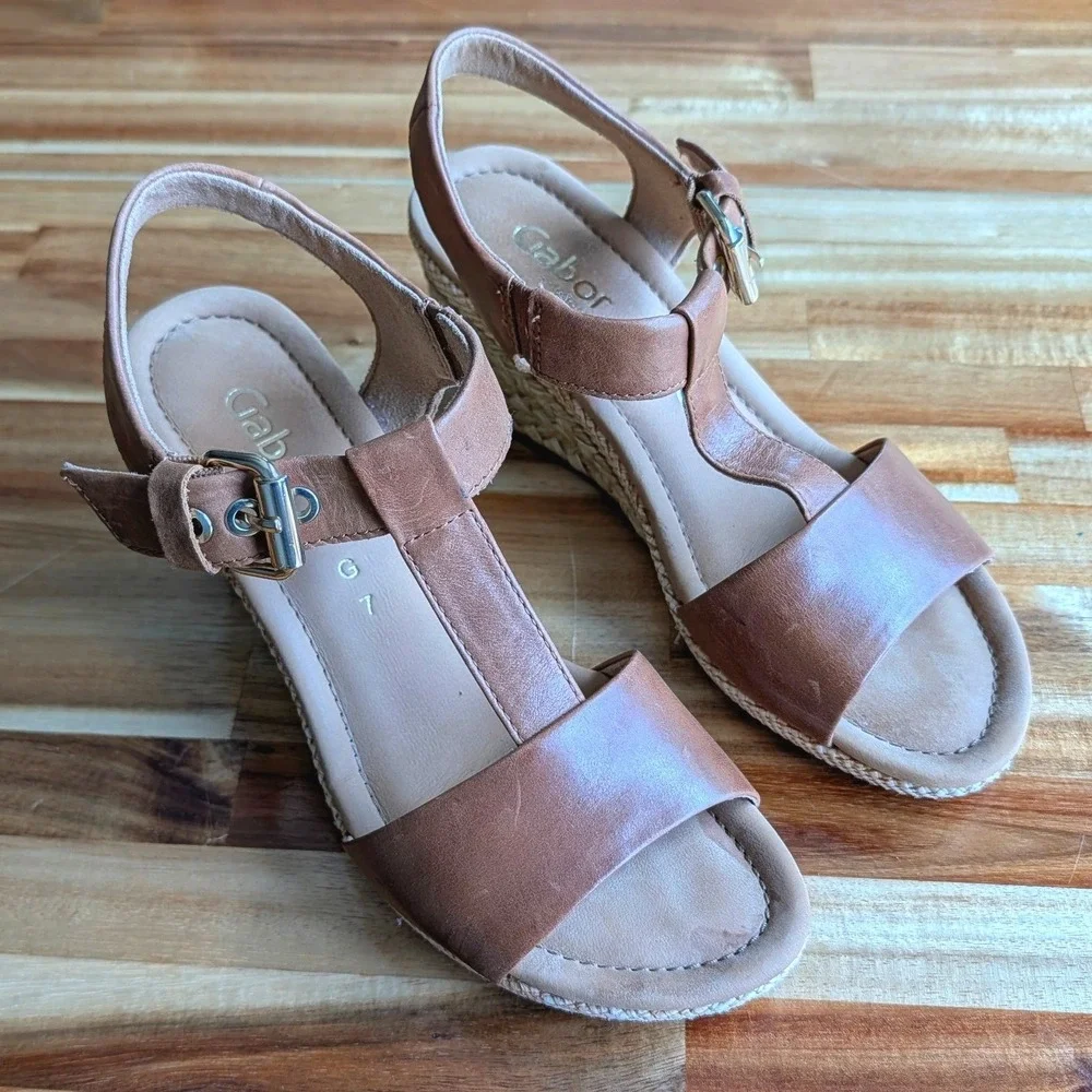 Gabor Comfort Tan Brown Leather T-Strap Espadrille Wedge Sandals US 9 (UK 7)